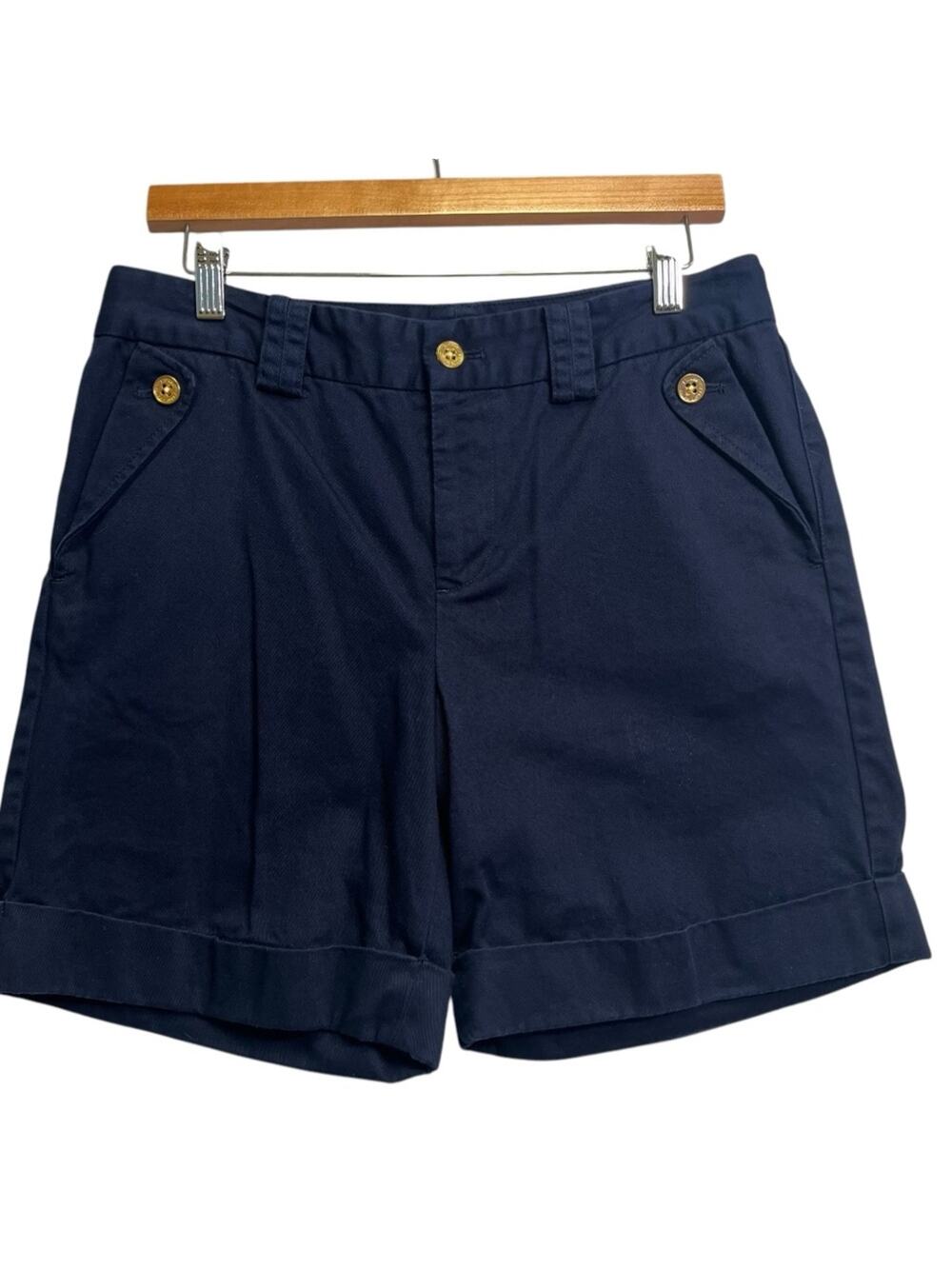 Lauren Ralph Lauren Navy Shorts Women Size 6 Cuffed Gold Buttons Sailor Nautical